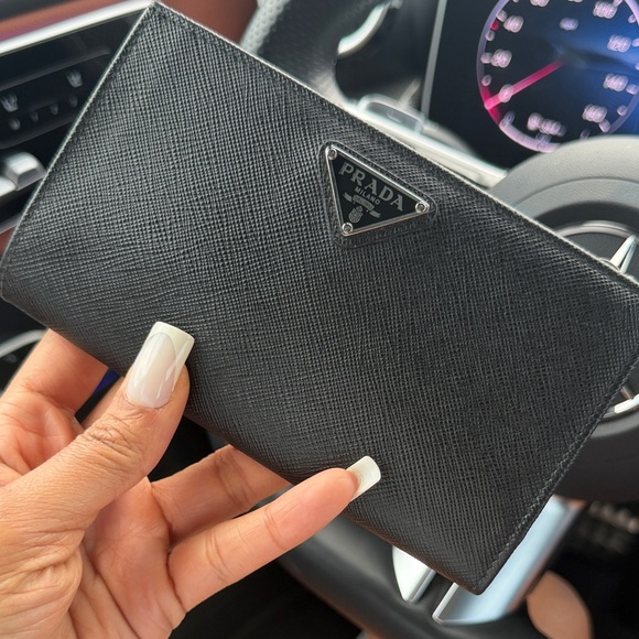 Prada Handbags - Prada Black Saffiano Leather Continental Wallet with Triangular Logo